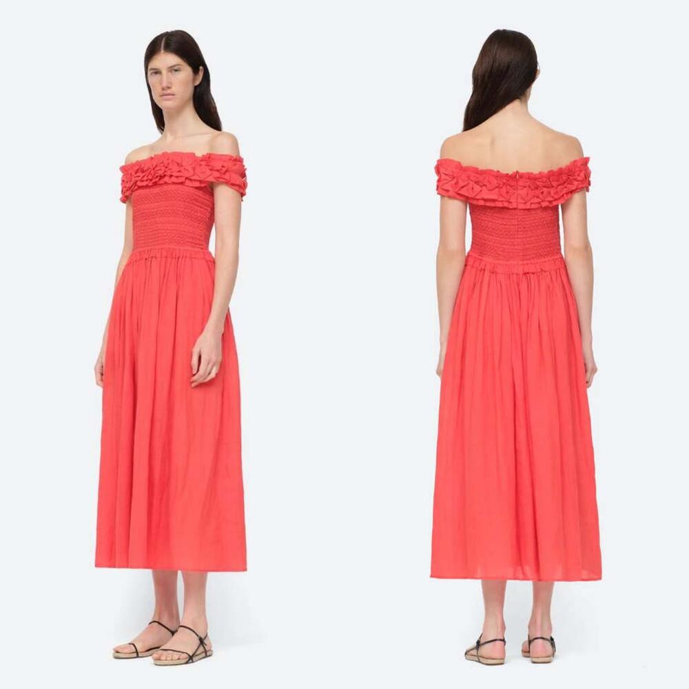 SEA New York Frida Off The Shoulder Smocked Midi Dress Coral Poppy XXS - Picture 14 of 14